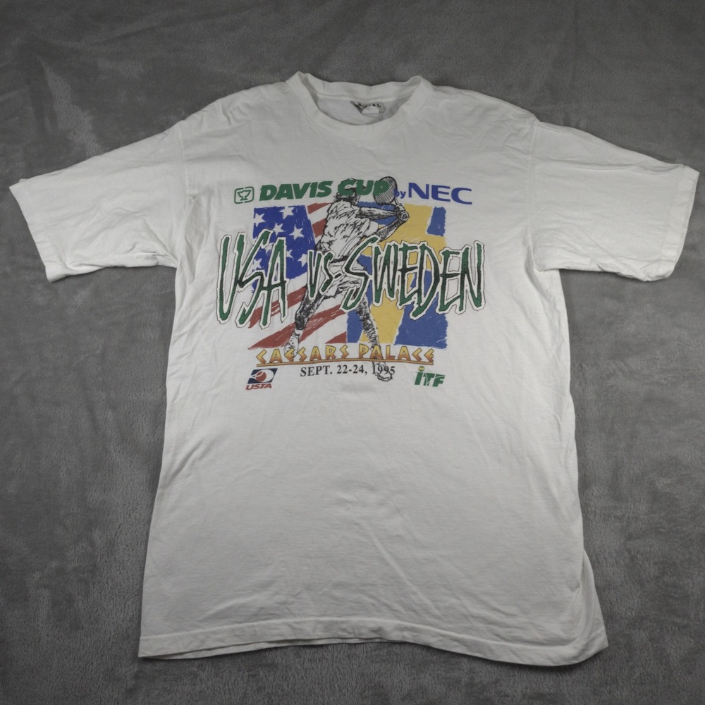Vintage Davis Cup Shirt Men XL Tennis Caesars Palace Single Stitch USA Sweden 90